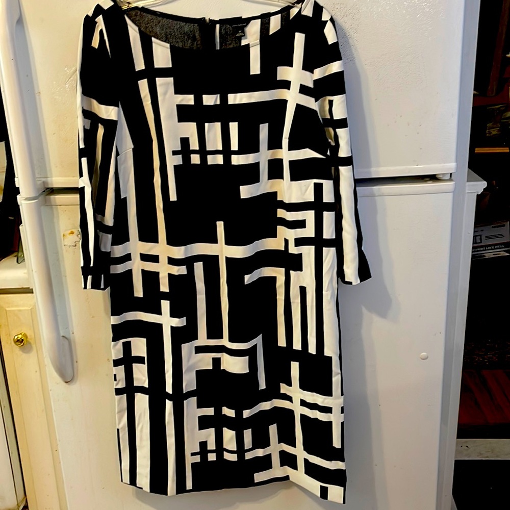 Vintage Ann Taylor Black & White Geometric Print Dress Poly Size 12